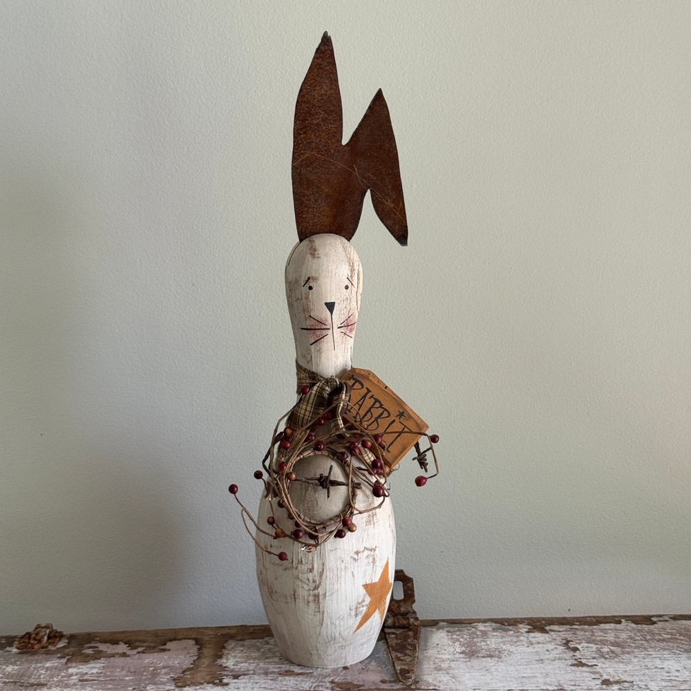 Primitive Rustic Wooden Bowling Pin Rabbit Figurine Farmhouse Folk Art Bunny